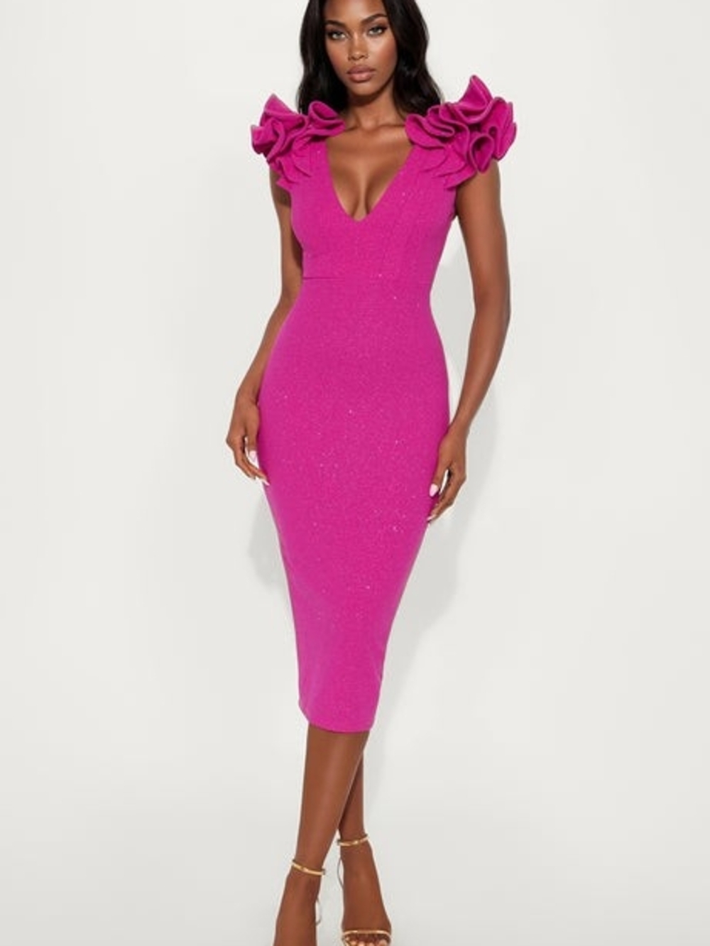 Fuchsia Ruffle-Sleeve V-Neck Midi Dress